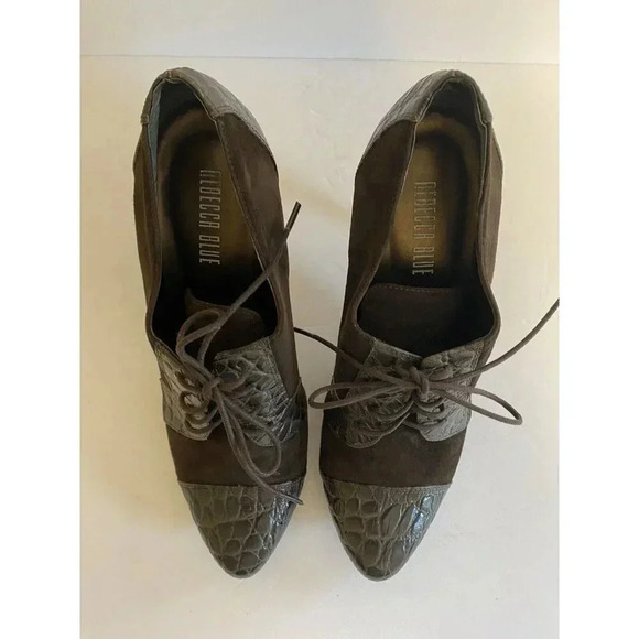 Leather Suede Crock Embossed Heeled Lace up Shoe Pointed Closed Toe Heels - Picture 5 of 11